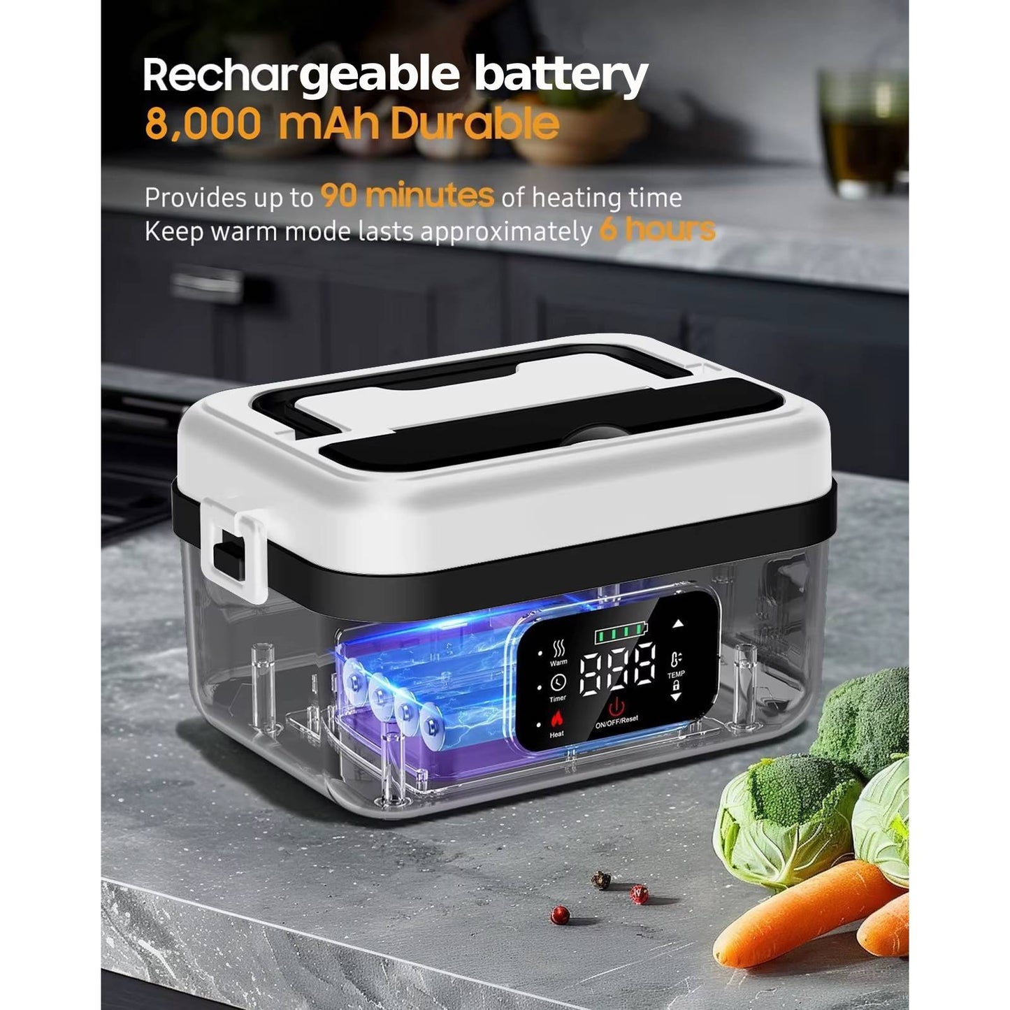 BentoCharge portable food warmer with digital display on a kitchen counter, surrounded by vegetables.