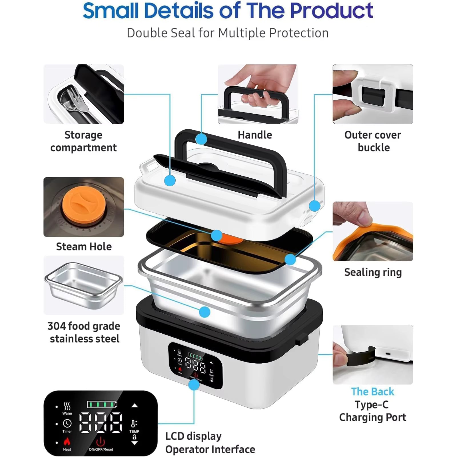 BentoCharge Portable Self-Heating Lunch System with labeled parts on a white background