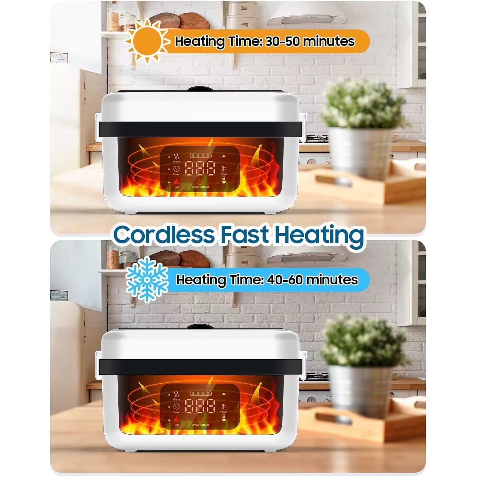 BentoCharge cordless fast heating lunch box with digital display in a kitchen setting