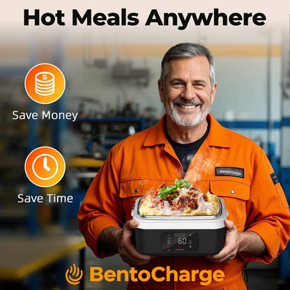 Man in orange uniform holding a BentoCharge lunch box with text 'Hot Meals Anywhere' and icons for saving money and time.