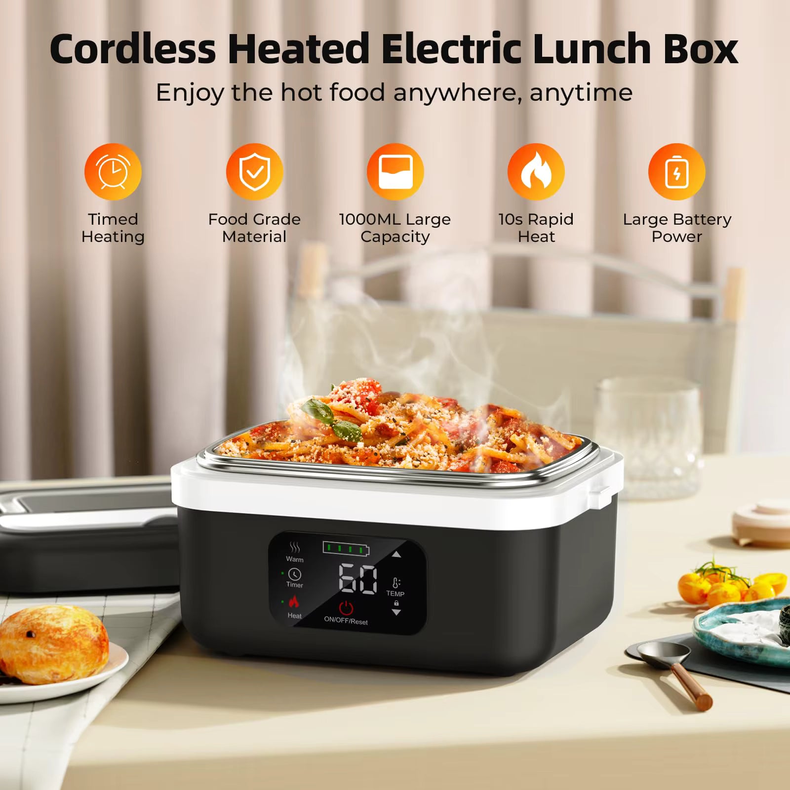 BentoCharge cordless heated electric lunch box with food inside, shown on a table.