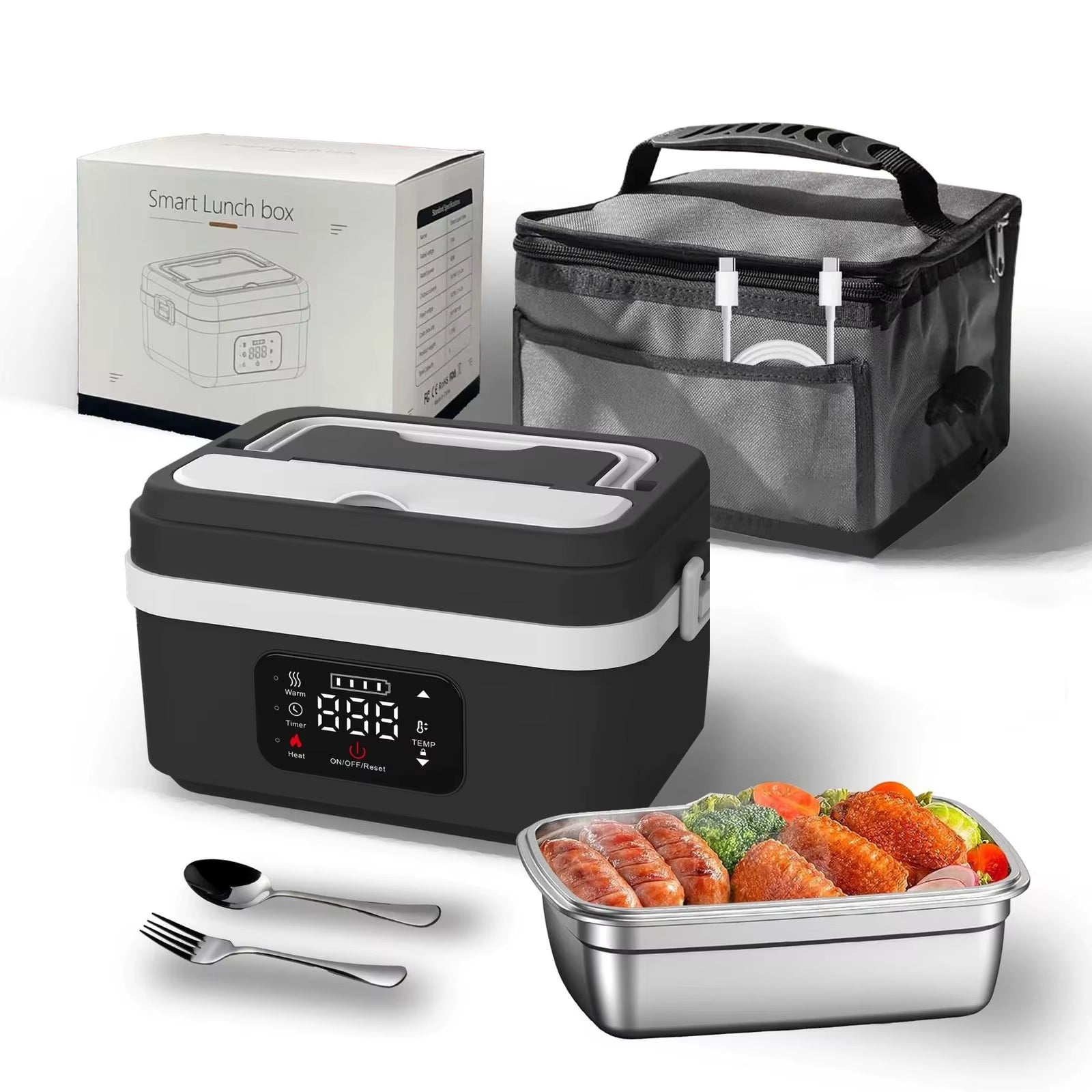 BentoCharge smart lunch box with digital display, insulated bag, food container, utensils, and packaging on a white background.